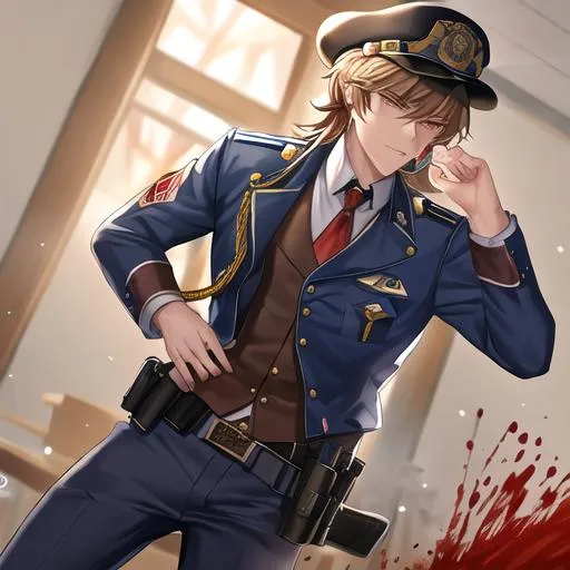 Prompt: Caleb as a police officer in a gunfight bullets flying, wounded, covered in blood
