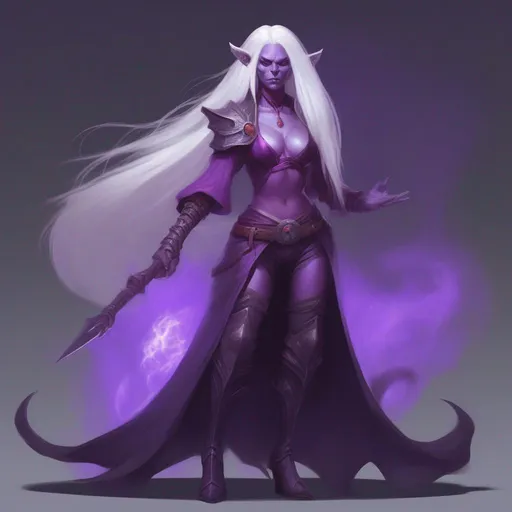 Prompt: dnd female purple demon with long white hair