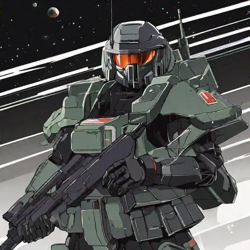 Prompt: A zaku soldier from Gundam 0079. He wields a rifle. black armor. dark grey details. Helmet on head. In background the space. Akira art. Anime art. 2d art. 2d.