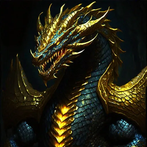 Prompt: Wyrm, golden platted scales, bulky body, glowing, in a deep dark cave, masterpiece, best quality 