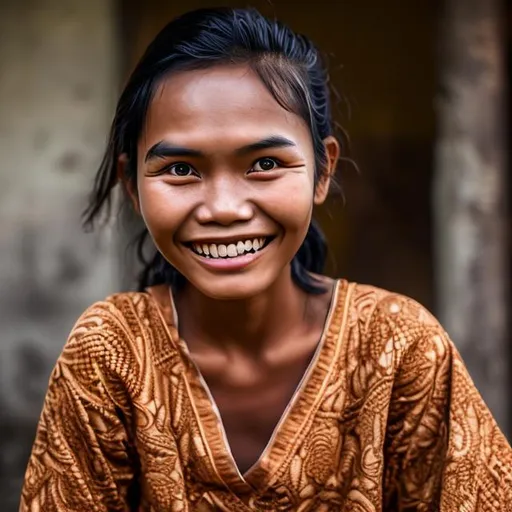 Prompt: young javanese woman with mysterious smile. eyes reveal deep serenity. his teeth are white
