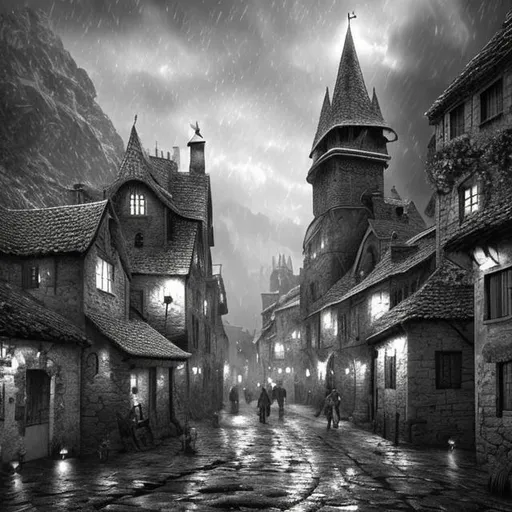 Prompt: A black and white digital art of a medieval european fantasy rainy village