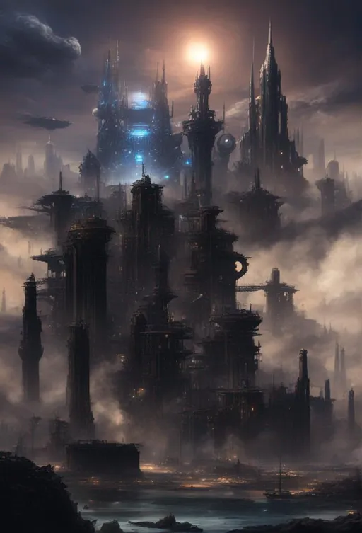 Prompt: Fallout, Giant futuristic robot in space with various details and gears on the armor over a steanpunk style gas powered space city, Futuristic Tall black towers on deep dark ocean dark sky spaceships night lights hover ships dark tall city lots and lots of small floating ships hovering above clouds big planet with rings closeby spaceships hovering super tall mega skyscraper