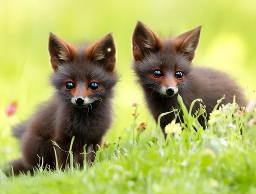 Prompt: the little foxes are going to be in a big meadow, I want them to look cutely animated,  with big blue eyes, and shiny black fur