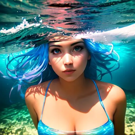 Prompt: long shot, epic scenery, underwater being, breathing woman, waves, (digital masterpiece, sharp focus), ((16k hdr)), vae eyes, atmospheric lighting, colorful