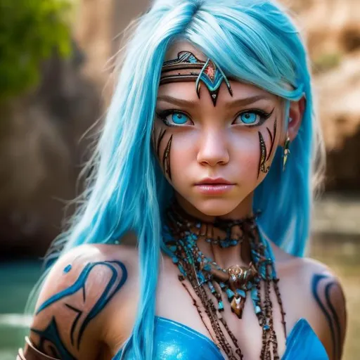 Prompt: professional modeling photo Disney Kida as live action human woman hd hyper realistic beautiful athletic warrior woman white hair tan skin blue eyes beautiful face blue tribal outfit and jewelry and tribal tattoo enchanting atlantis hd background with live action realistic magical water