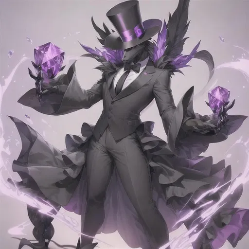 Prompt: A Detailed Full body anthropomorphic Wickerbeast fursona with greyish fur, purple eyes, detail face in a black suit with a top hat. Controlling a purple crystal dragon.