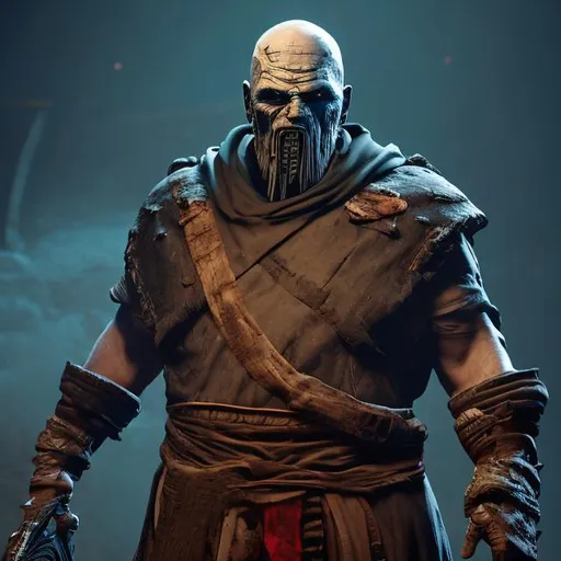 Prompt: old man, Tall, Intimidating, Large, male,  very dark white scarred skin, covered in bandages, dark tattered cloth armor exposes his midriff, hood of magical darkness mask like Xûr, Agent of the Nine in destiny, large red gem between pecs in chest, Path of the Zealot Barbarian, Strong, wielding large two-handed great-axe, Fantasy setting,
