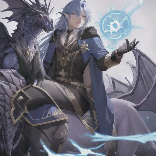 Prompt: Male Wizard casting a spell with Magic around him, Mounted on an Undead Dragon wreathed in Blue and Black Magic