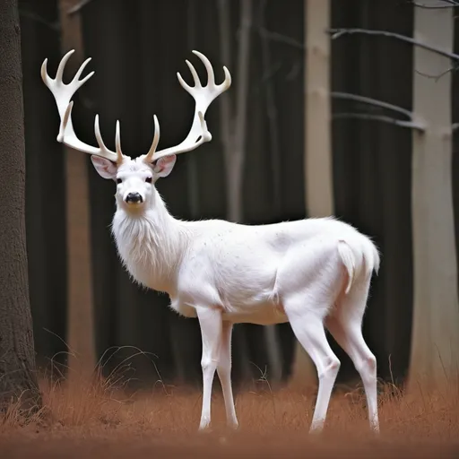 Prompt: make me a albino
 deer that has gigantic  antlers that are fuzzy

