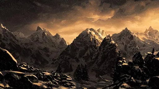 Prompt: snowy mountain trail, craggy peaks at night, star-filled sky, style of Greg Rutkowski, ominous sky, intensely detailed oil painting, highly detailed illustration, photorealistic illustration, 16:9