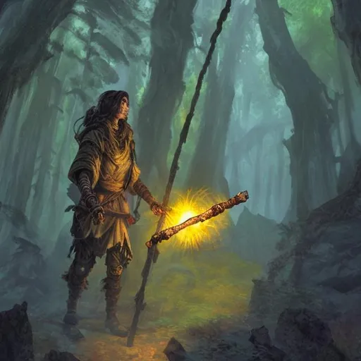 Prompt: a pathfinder in an ancient forest holding a torch and showing the way
impressionistic