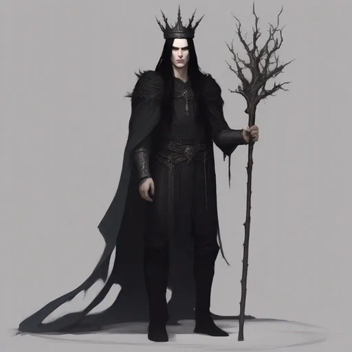 Prompt: dnd a thin and tall human man with long straight black hair and pale skin wearing a black thorn crown