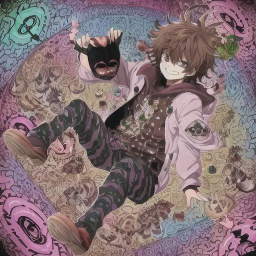 Prompt: insane, cute anime boy, brown hair, smiling, trippy background, drugs, mushrooms in background, mask, illusions 