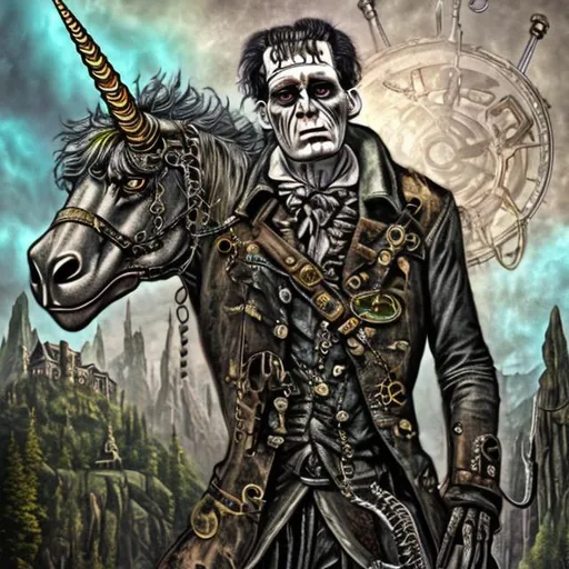 Prompt: Frankenstein on unicorn majestic steampunk 