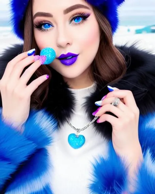 Prompt: Cardi B eating candy ice cream, blue lipstick, snowy beach, blue heart necklaces, Thick blue fur coat, Black Cape, pleasant face, blue spiral eyes, Black-purple eyeshadow, long ice earrings. Cold color scheme, ultradetailed, 8k resolution, perfect, smooth, high quality, shiny. 