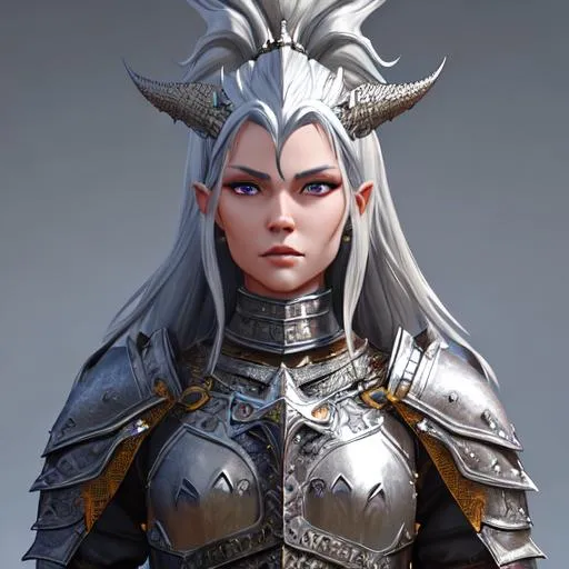 Prompt: fantasy style, extremely detailed, medieval, rpg, oil painting, unreal 5,  portrait of a humanoid silver dragon wearing a armor