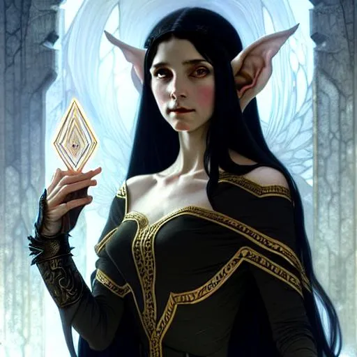 Prompt: portrait of a female mage elf with black  hair casting a sacred ice  spell, d & d, fantasy, intricate, elegant, highly detailed, digital painting, artstation, concept art, matte, sharp focus, illustration, art by greg rutkowski and alphonse mucha, 