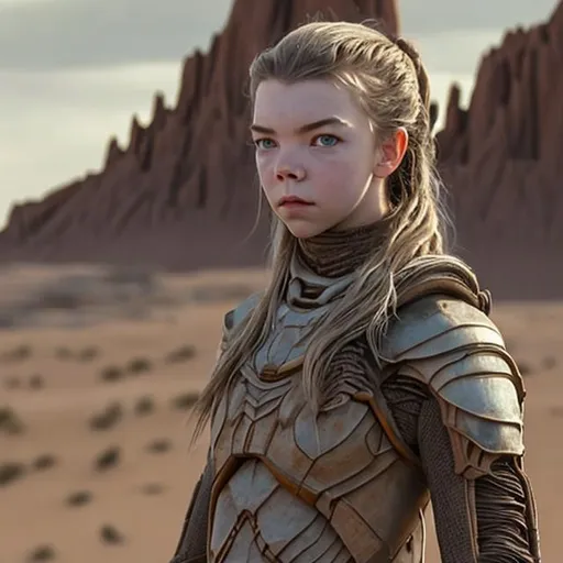 Prompt: anya taylor-joy, detailed face tall, ghilli suit, stillsuit dune, desert tan, scifi