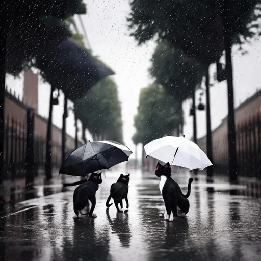 Prompt: White and black cats in the rain with umbrellas