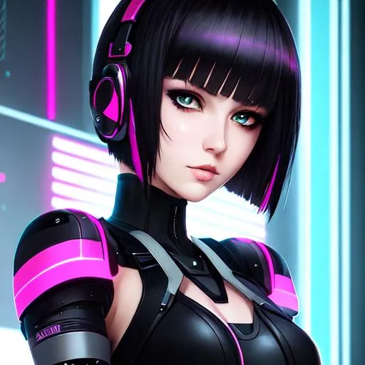 Prompt: cyber punk, insanely beautiful 16 year old girl. black with pink streaks , one side shaved bob cut hair.  wearing black visor. perfect grey eyes. perfect anatomy. symmetrically perfect face. hyper realistic. soft colours. no extra limbs or hands or fingers or legs or arms.