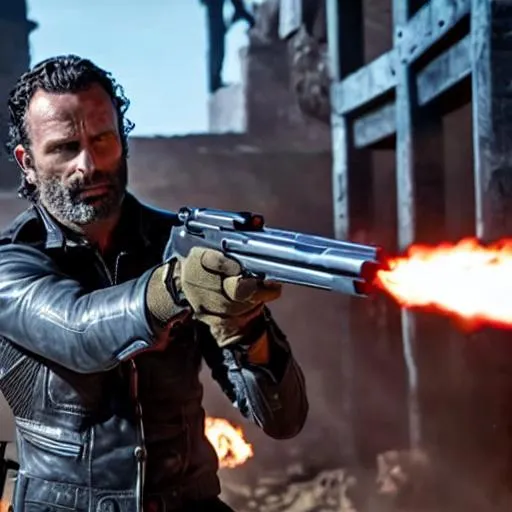 Prompt: Rick Grimes with a magnum revolver fighting Doomslayer in Hell