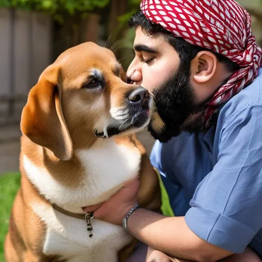 Prompt: Muslim kissing dog
