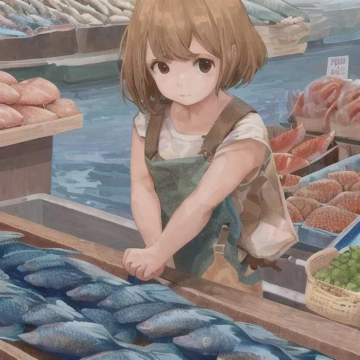 Prompt: Girl at a fish market