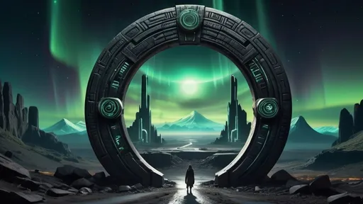 Prompt: magical portal between cities realms worlds kingdoms, circular portal, ring standing on edge, upright ring, freestanding ring, hieroglyphs on ring, complete ring, ancient aztec architecture, mountain road setting, aurora borealis, panoramic view, dark night, futuristic cyberpunk tech-noir setting