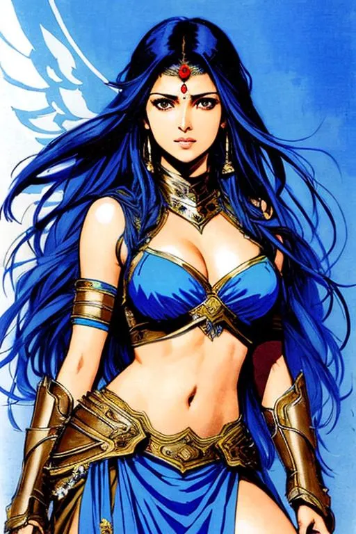 Prompt: Shining Force Concept art (((Yoji Shinkawa))), sticker of ultra detailed portrait of Sadaf Mohammed Sayed  (Indian actress who mainly appears in Telugu, Tamil, and Kannada films)in blue greek armor, blue long hair, high quality cell shaded illustration in post apocalyptic style by Yoji Shinkawa, ((full body portrait)), dynamic pose, perfect anatomy, centered, freedom, soul, blue long hair, approach to perfection, cell shading, 4k , cinematic dramatic atmosphere, watercolor painting, global illumination, detailed and intricate environment, artstation, concept art, fluid and sharp focus, volumetric lighting, cinematic lighting, Art by Yoji Shinkawa,