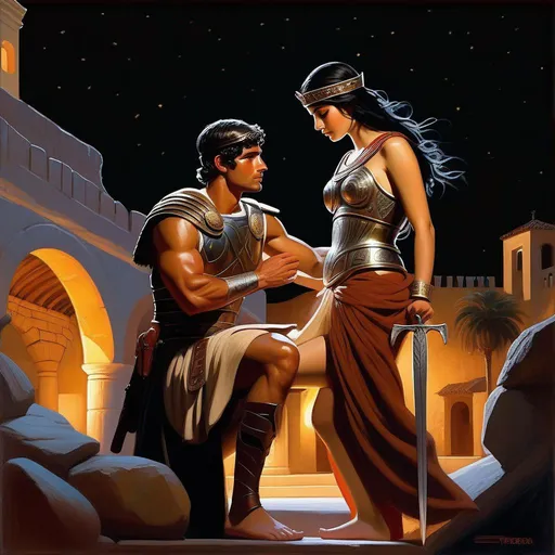 Prompt: Roman soldier impregnating ancient Iberian girl, pale olive skin, black hair, brown eyes, night, warm atmosphere, cartoony style, extremely detailed painting by Greg Rutkowski and by Henry Justice Ford and by Steve Henderson 