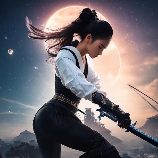 Prompt: create best quality photograph of beautiful female ninja who is wearing white,  night time and beautiful sky as background, detailed face, extremely detailed environment, extremely detailed background, extremely detailed skin, extremely detailed clothing, natural colors , professionally color graded, photorealism, 8k, realistic, moody lighting, galactic environment, volumetric lighting