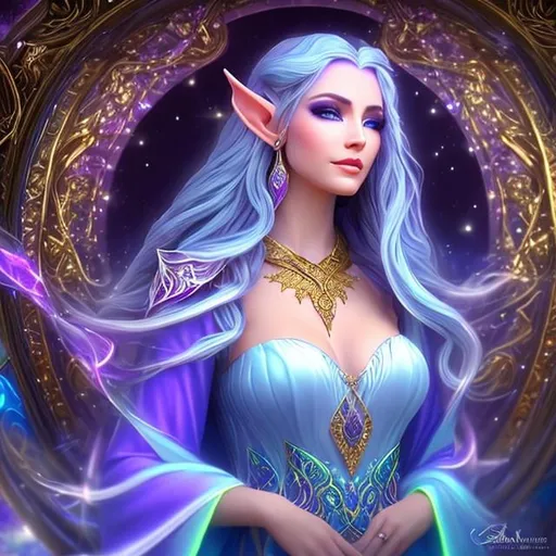 Prompt: Gorgeous fantasy style elf druid woman with platinum golden hair and violet eyes. She is wearing a flowing blue and silver gown and a purple pendant around her neck. Swirling designs on her skin.
