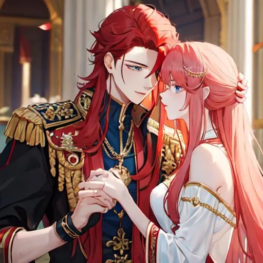 Prompt: Zerif king 1male (Red side-swept hair covering his right eye) holding Haley's hand kissing it, royalty