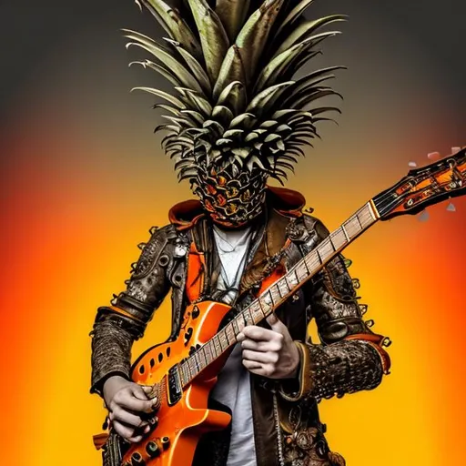 Prompt: Beautiful steampunk pineapple head playing electric guitar with a orange background