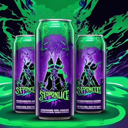 Prompt: Solstice energy drink advert in the style of onepiece using dark green and purple as the main colours