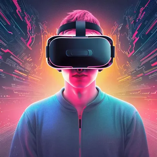 Prompt: a person wearing vr goggles, futuristic landscape scene in front of them, black background, landscape scene expanding outwards from the head, illustration style, orange and pink colour scheme