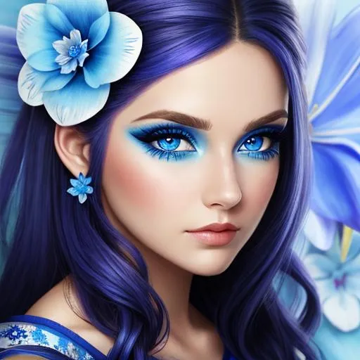 Prompt: A woman all in blue, blue eyes, pretty makeup,blue flower in hair, facial closeup
