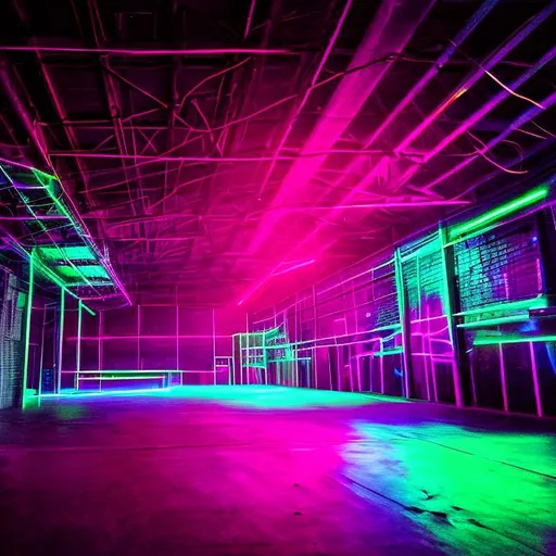 Prompt: Neon lit warehouse electronic music colorful