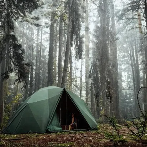 Prompt: Dystopian tent in thick forest