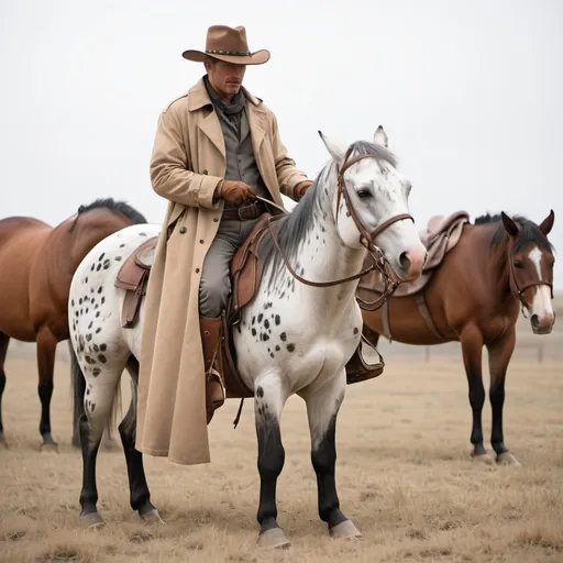 Prompt:  a man putting a dead owtlaws body on an Appaloosa horses back with a light tan trench coat grey saddle pants Calvery boots and a fort crushable silverbelly hat 