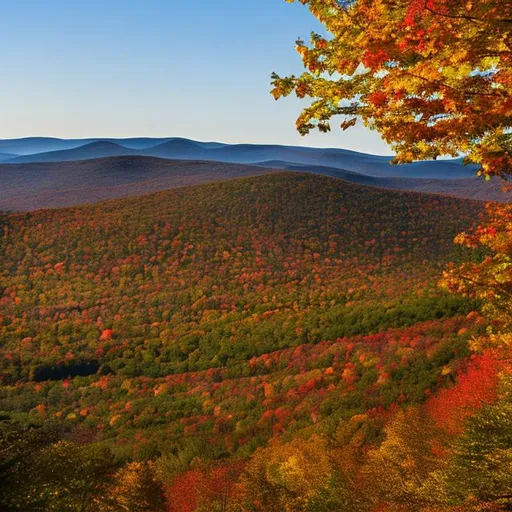 Prompt: Berkshire County, MA hills and mountains during Fall with leaves changing color 
