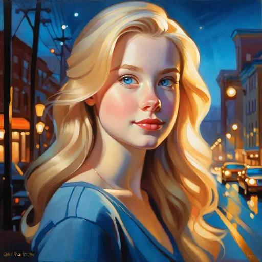 Prompt: Young American girl, pale skin, blonde hair, blue eyes, Pittsburgh at night, cartoony style, extremely detailed painting by Greg Rutkowski by Steve Henderson 