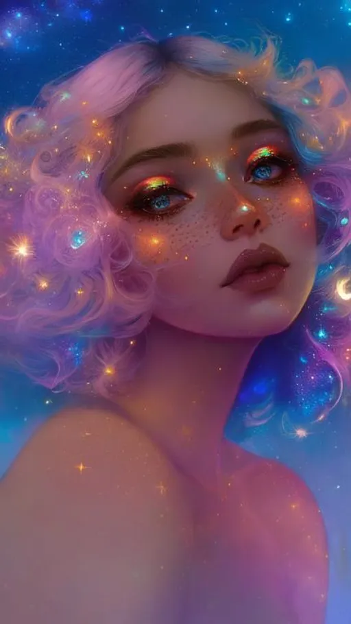 Prompt: A very beautiful woman with hair made of glowing clouds illuminated by the moonlight, freckles shaped as Golden stars, artistic makeup with a metallic iridescent pallette, art by Tom Bagshaw, artgerm, ilya kuvshinov,  Huang Guangjian, Josephine Wall, WLOP, art by Laura Hollingsworth, Andrew Atroshenko, 4k, pretty visuals, aesthetic, artstation, unreal engine, shadow effect, insanely detailed and intricate, highly detailed, shooting stars, iridescent effect to the white clouds.