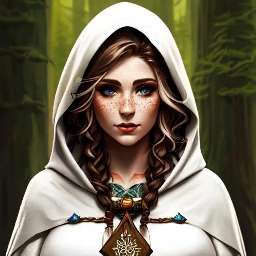 Prompt: elf, druid, tattoos,  white curly hair, brown hood, female, dnd, illustration, portrait, scars, freckles