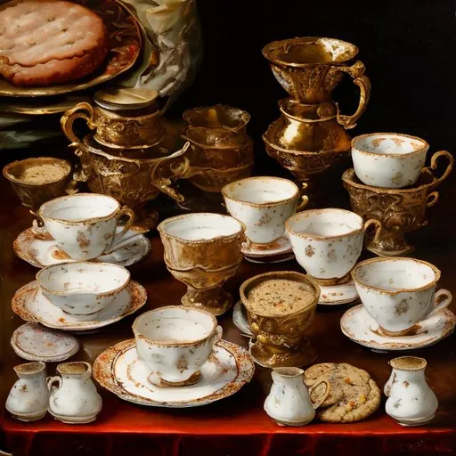 Prompt: coffee table with coffee cups, a coffee pot and some plates with cookies, beignets and madeleines, oil painting, 17th century style