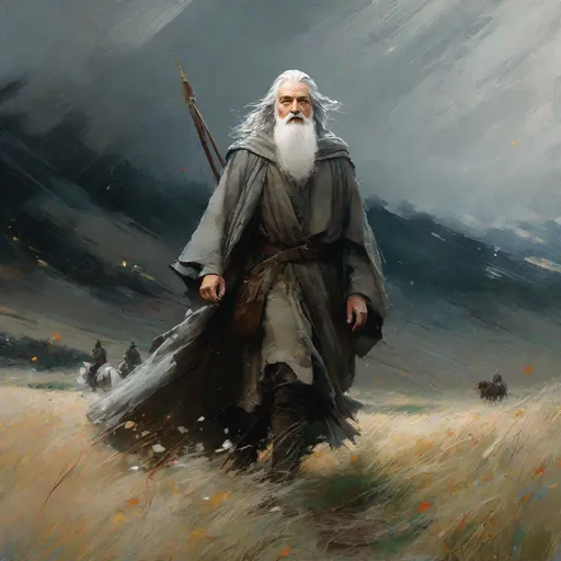 Prompt:  .scene form lord of the rings Frodo Beutlin walks through the field wiht gandalf the grey  masterpiece, textured Speedpaint with large rough brush strokes and paint splatter by Jeremy Mann, Carne Griffiths, Junji Ito, Robert Oxley, Ismail Inceoglu, masterpiece, trending on artstation, particles, oil on canvas, highly detailed fine art, ink painting, hyperrealism | Pixar gloss | polished, Anato Finnstark | Android Jones | Darek Zabrocki, Boris Vallejo, David