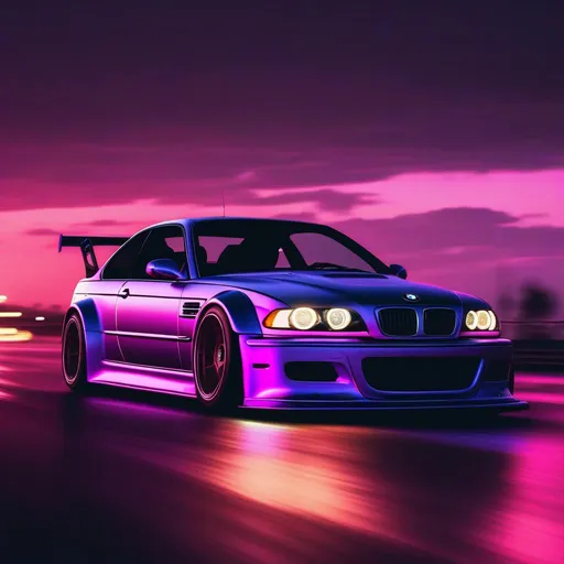 Prompt: 2001 BMW M3 E46 GTR, synthwave, aesthetic cyberpunk, miami, highway, dusk, neon lights, coastal highway, dusk, neon lights, coastal highway, sunset, drift, nurburgring