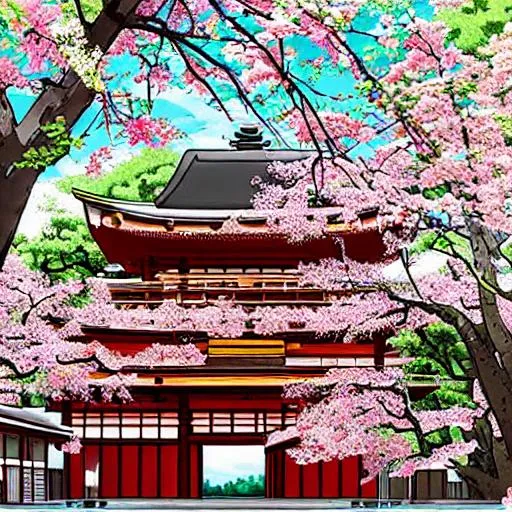 Prompt: A traditional japanese temple in an anime art style surronded by vibrant sakura trees