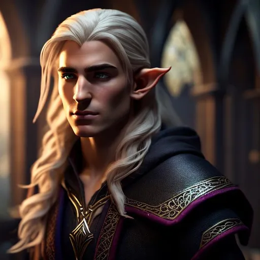 Prompt: Create a photograph of a half-elf 
wizard from the Dungeons and Dragon game, no beard,  extremely detailed environment, detailed background, intricate, detailed skin, natural colors , professionally color graded, photo realism, 8k, moody lighting, david tenant